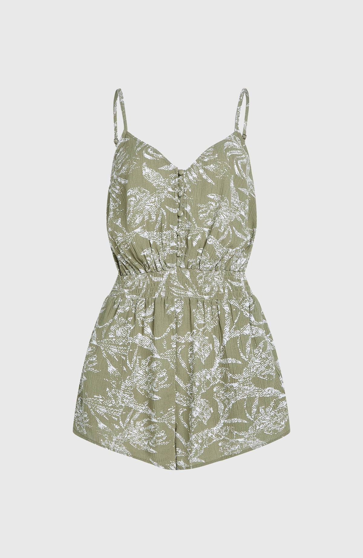 Combishort boutonnée à fines bretelles | Green Textured Jungle