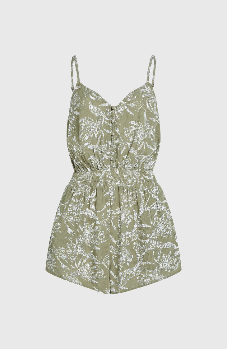 Combishort boutonnée à fines bretelles | Green Textured Jungle