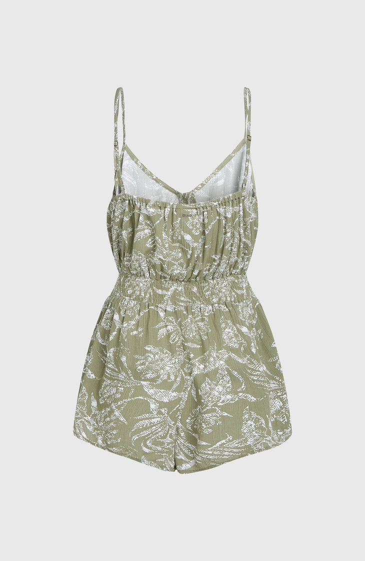 Combishort boutonnée à fines bretelles | Green Textured Jungle